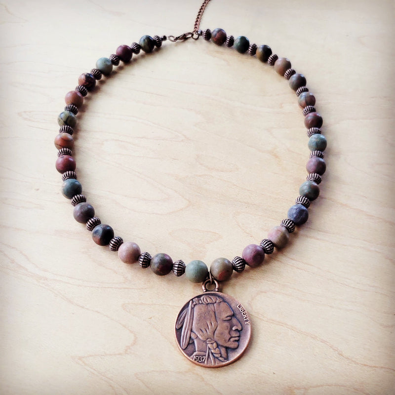 Genuine Picasso Jasper Collar Necklace w/ Indian Head Pendant 261h