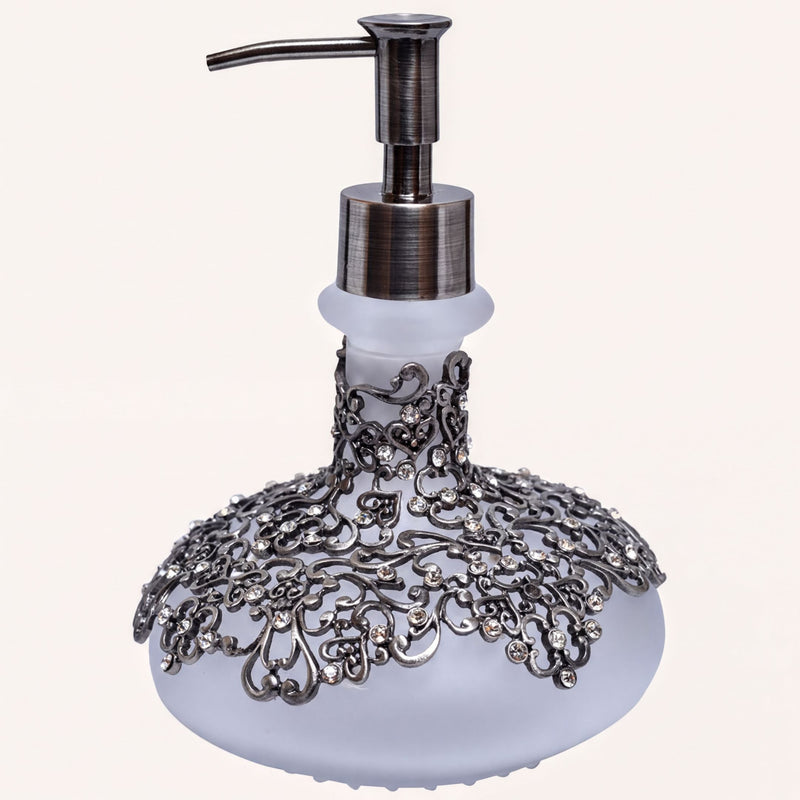 Soap Dispenser – Elegant Frosted Glass Bathroom Accessory with Pewter Finish & Rhinestones