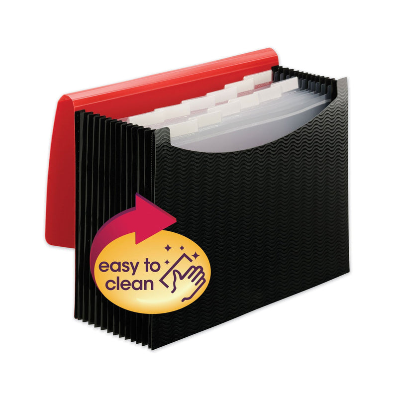 Smead 12-Pocket Poly Expanding File, 0.88" Expansion, 12 Sections, Cord/Hook Closure, 1/6-Cut Tabs, Letter Size, Black/Red