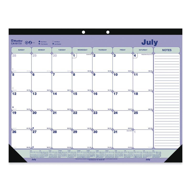 Blueline Academic Monthly Desk Pad Calendar, 21.25 x 16, White/Blue/Green, Black Binding/Corners, 13-Month (July-July): 2022-2023