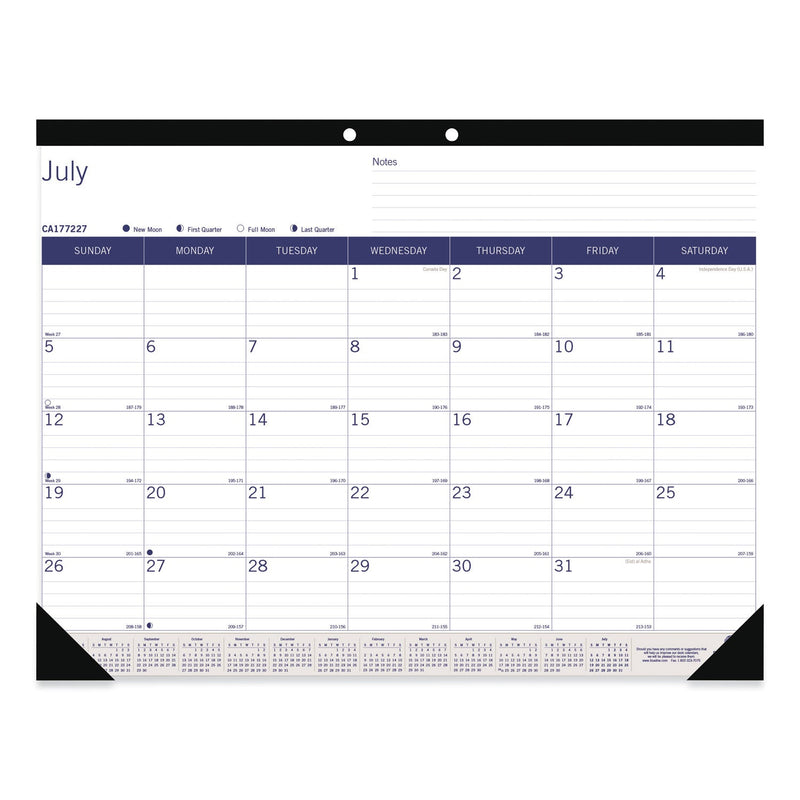 Blueline Academic Monthly Desk Pad Calendar, 22 x 17, White/Blue/Gray Sheets, Black Binding/Corners, 13-Month (July-July): 2022-2023