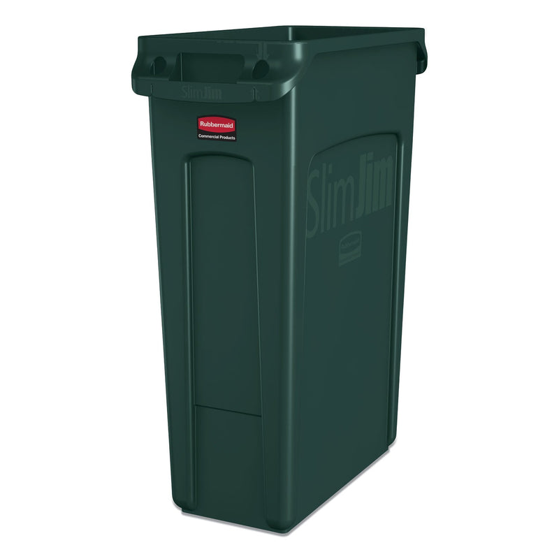 Rubbermaid Slim Jim Receptacle with Venting Channels, Rectangular, Plastic, 23 gal, Dark Green
