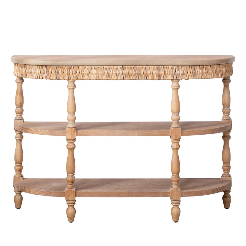 Handcrafted Console Table With Hand Woven Trim, 3 Tier Storage Shelves - Natural
