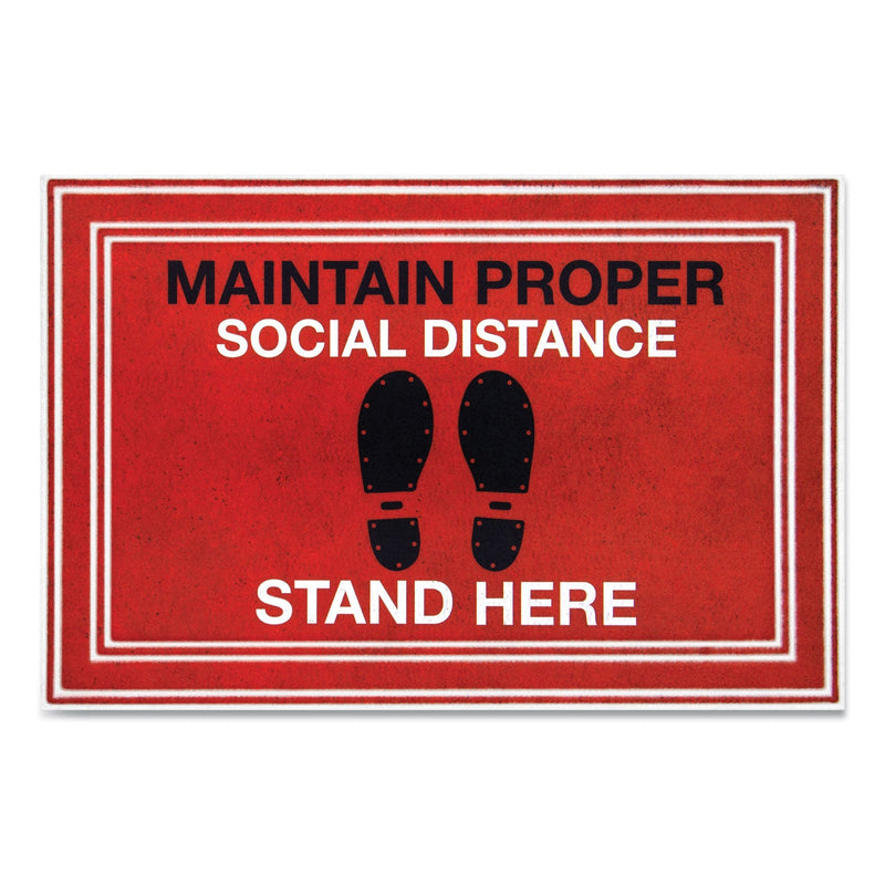 Apache Mills Message Floor Mats, 24 x 36, Red/Black, "Maintain Social Distance Stand Here"