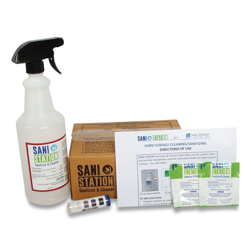San Jamar Sani Station Hard Surface Cleaner Kit, 1 Spray Bottle, 1 Tube Chlorine Test Strips, 100 0.5 oz Packets