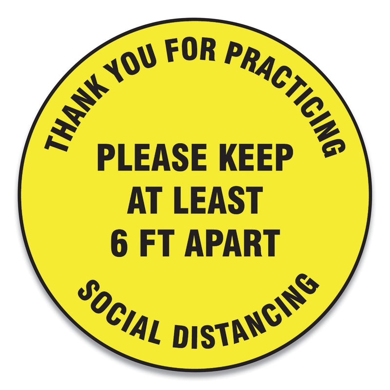 Accuform Slip-Gard Floor Signs, 17" Circle,"Thank You For Practicing Social Distancing Please Keep At Least 6 ft Apart", Yellow, 25/PK