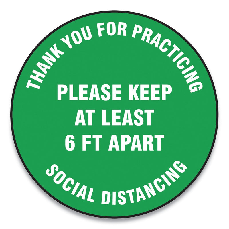 Accuform Slip-Gard Floor Signs, 12" Circle, "Thank You For Practicing Social Distancing Please Keep At Least 6 ft Apart", Green, 25/PK