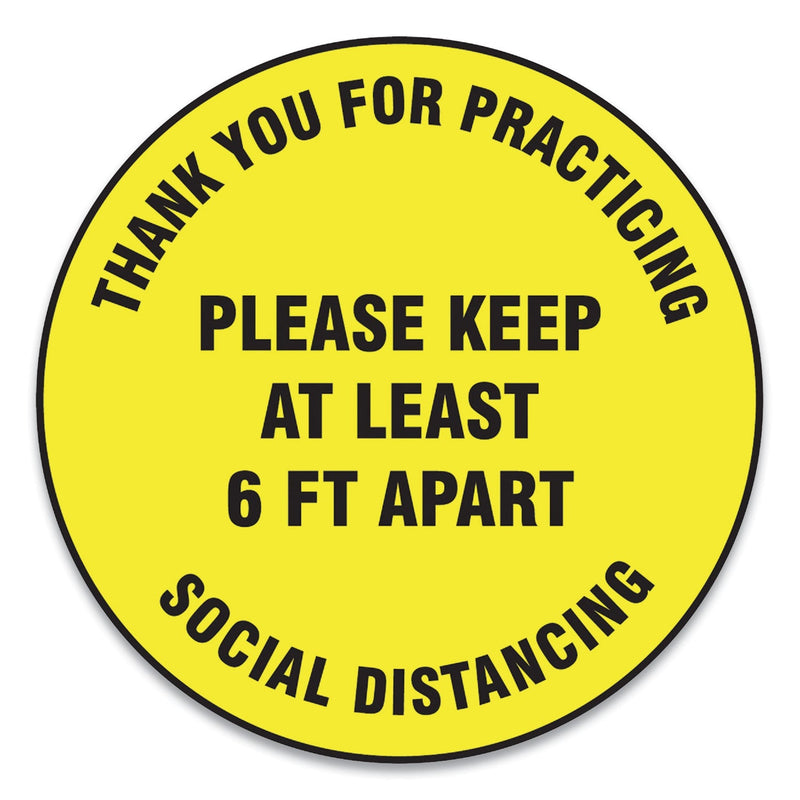Accuform Slip-Gard Floor Signs, 12" Circle,"Thank You For Practicing Social Distancing Please Keep At Least 6 ft Apart", Yellow, 25/PK