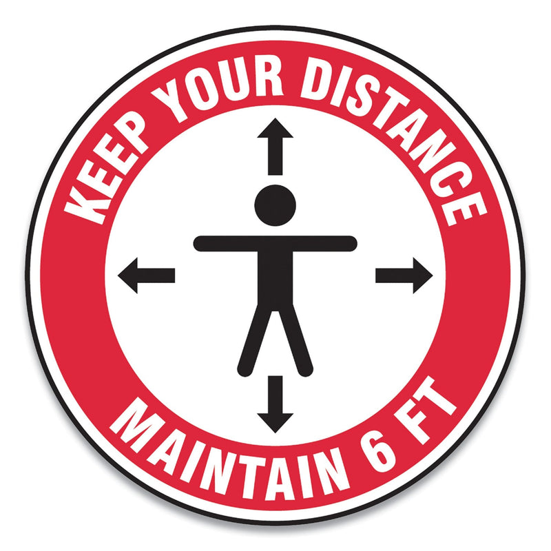 Accuform Slip-Gard Social Distance Floor Signs, 17" Circle, "Keep Your Distance Maintain 6 ft", Human/Arrows, Red/White, 25/Pack