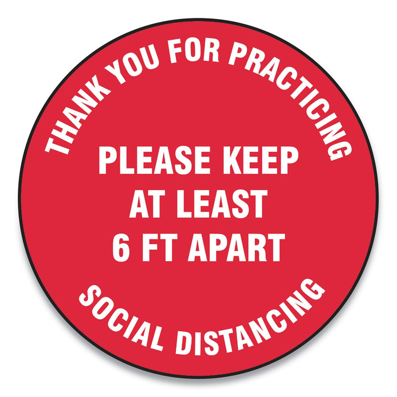 Accuform Slip-Gard Floor Signs, 12" Circle, "Thank You For Practicing Social Distancing Please Keep At Least 6 ft Apart", Red, 25/Pack