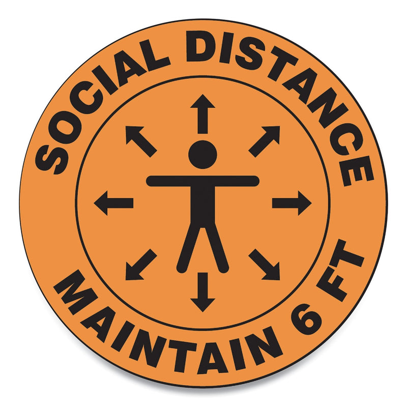 Accuform Slip-Gard Social Distance Floor Signs, 12" Circle, "Social Distance Maintain 6 ft", Human/Arrows, Orange, 25/Pack