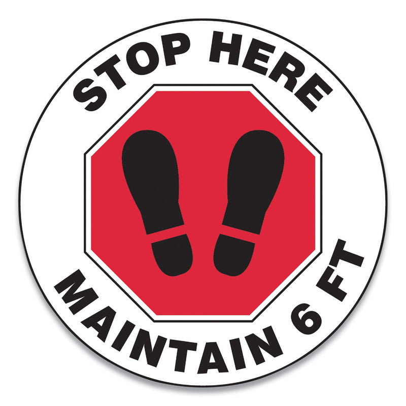 Accuform Slip-Gard Social Distance Floor Signs, 17" Circle, "Stop Here Maintain 6 ft", Footprint, Red/White, 25/Pack