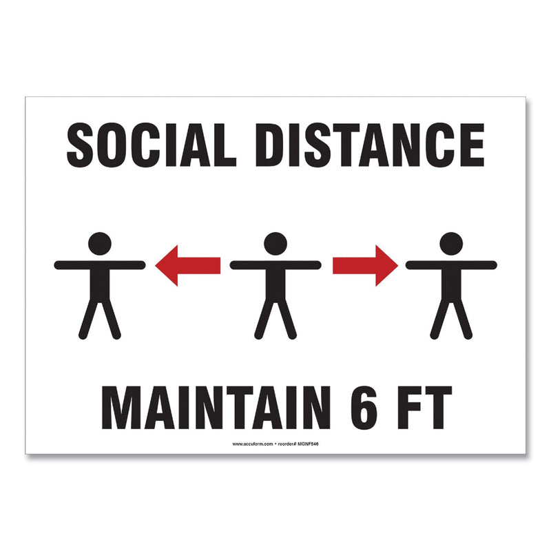 Accuform Social Distance Signs, Wall, 14 x 10, "Social Distance Maintain 6 ft", 3 Humans/Arrows, White, 10/Pack