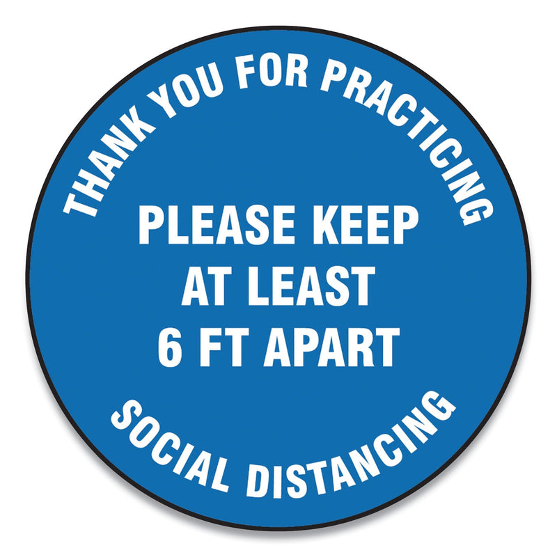 Accuform Slip-Gard Floor Signs, 12" Circle, "Thank You For Practicing Social Distancing Please Keep At Least 6 ft Apart", Blue, 25/PK