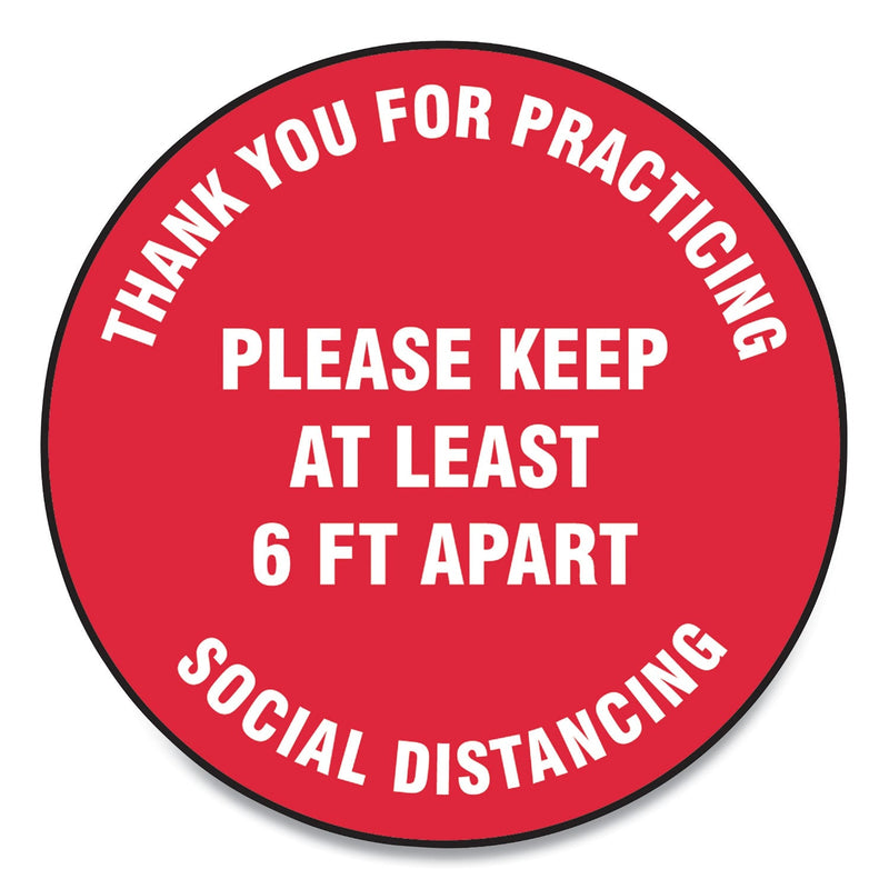 Accuform Slip-Gard Floor Signs, 17" Circle, "Thank You For Practicing Social Distancing Please Keep At Least 6 ft Apart", Red, 25/Pack
