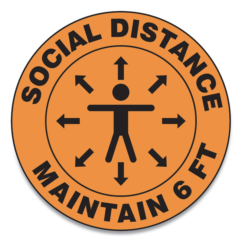 Accuform Slip-Gard Social Distance Floor Signs, 17" Circle, "Social Distance Maintain 6 ft", Human/Arrows, Orange, 25/Pack