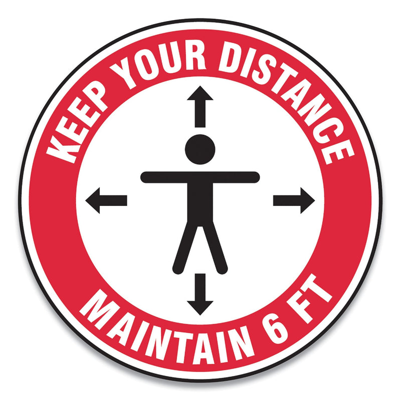 Accuform Slip-Gard Social Distance Floor Signs, 12" Circle, "Keep Your Distance Maintain 6 ft", Human/Arrows, Red/White, 25/Pack