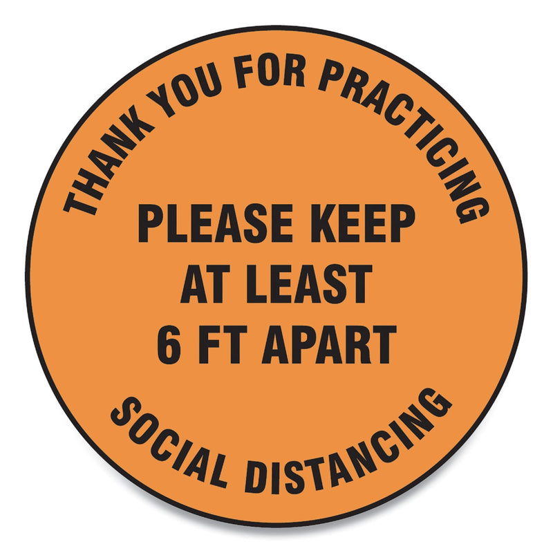 Accuform Slip-Gard Floor Signs, 12" Circle,"Thank You For Practicing Social Distancing Please Keep At Least 6 ft Apart", Orange, 25/PK
