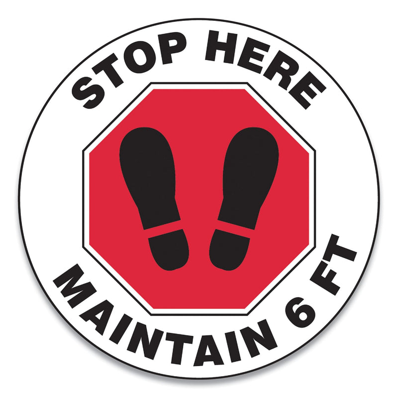 Accuform Slip-Gard Social Distance Floor Signs, 12" Circle, "Stop Here Maintain 6 ft", Footprint, Red/White, 25/Pack
