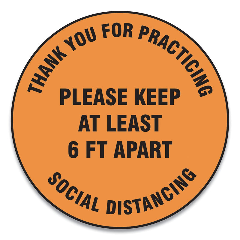 Accuform Slip-Gard Floor Signs, 17" Circle,"Thank You For Practicing Social Distancing Please Keep At Least 6 ft Apart", Orange, 25/PK