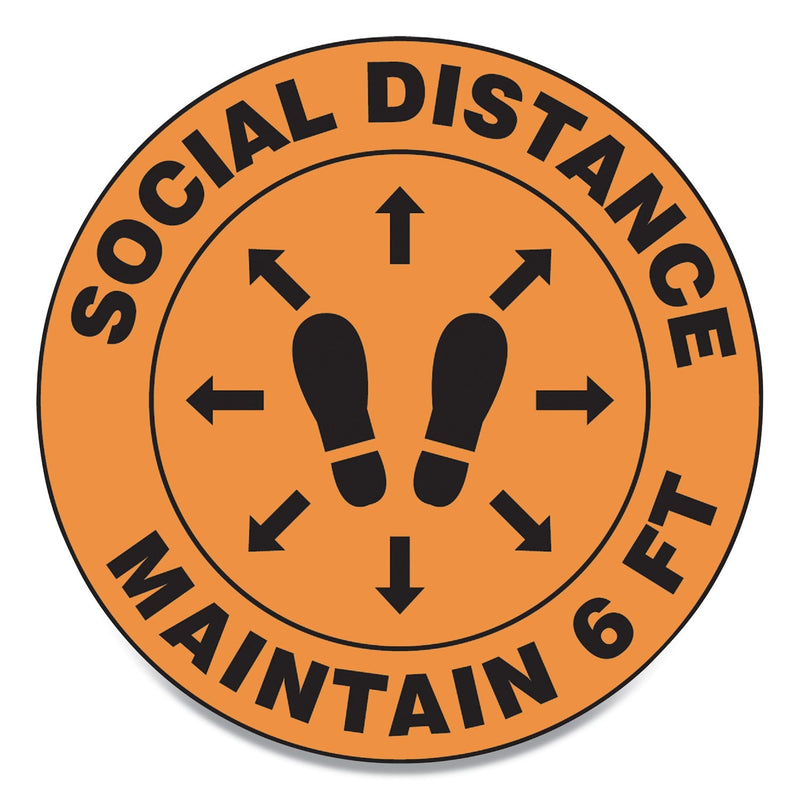 Accuform Slip-Gard Social Distance Floor Signs, 17" Circle, "Social Distance Maintain 6 ft", Footprint, Orange, 25/Pack