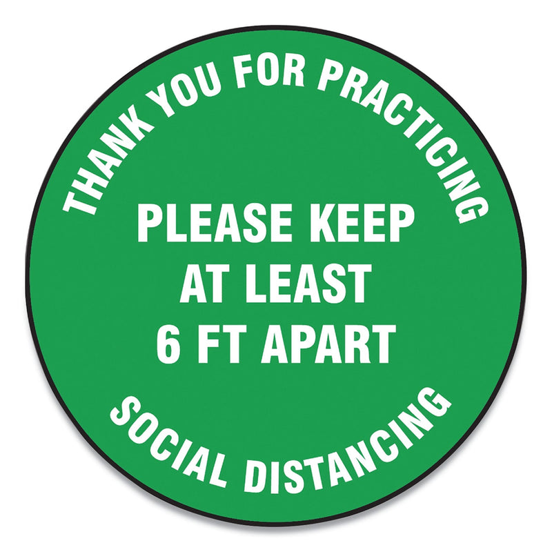Accuform Slip-Gard Floor Signs, 17" Circle, "Thank You For Practicing Social Distancing Please Keep At Least 6 ft Apart", Green, 25/PK