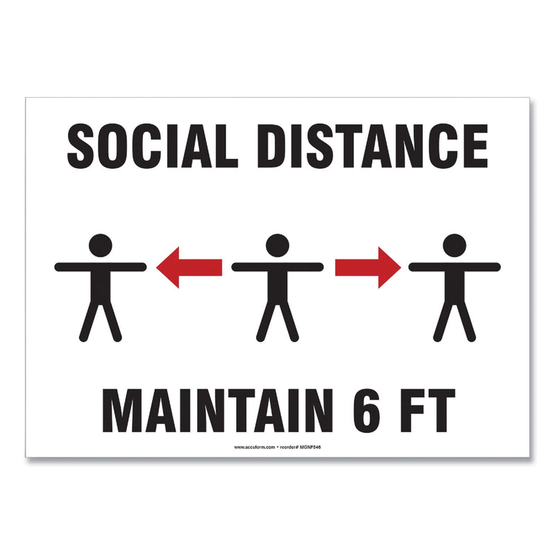Accuform Social Distance Signs, Wall, 10 x 7, "Social Distance Maintain 6 ft", 3 Humans/Arrows, White, 10/Pack