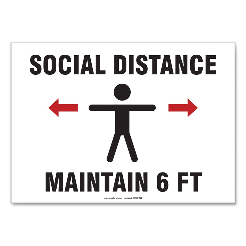 Accuform Social Distance Signs, Wall, 14 x 10, "Social Distance Maintain 6 ft", Human/Arrows, White, 10/Pack