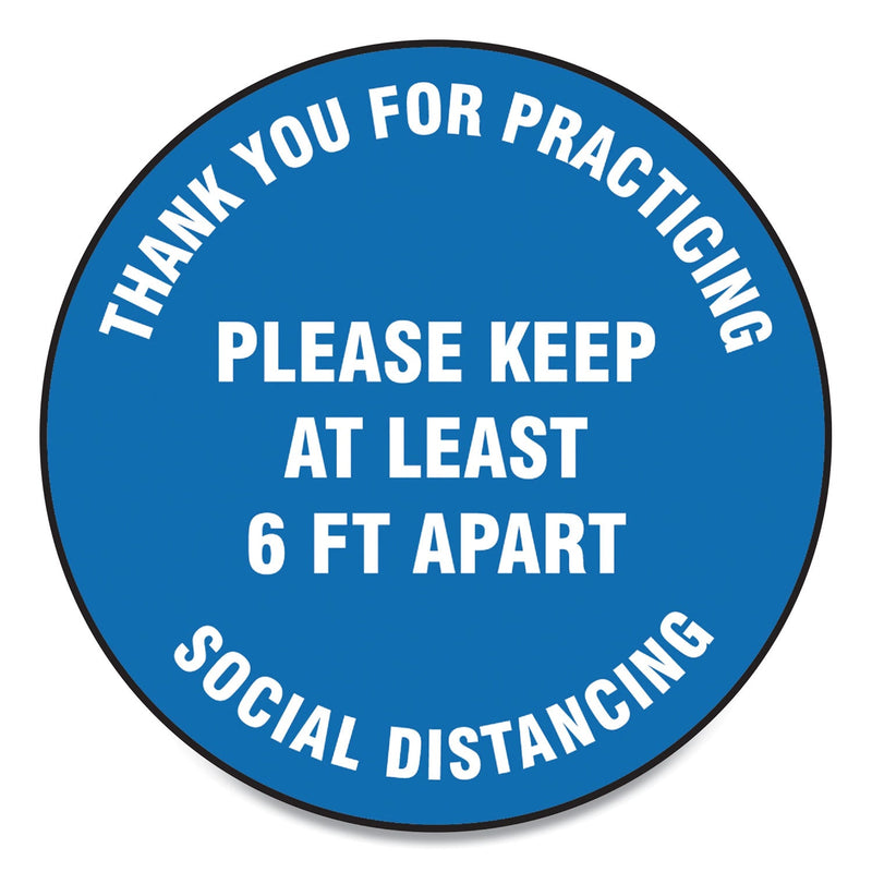 Accuform Slip-Gard Floor Signs, 17" Circle, "Thank You For Practicing Social Distancing Please Keep At Least 6 ft Apart", Blue, 25/PK