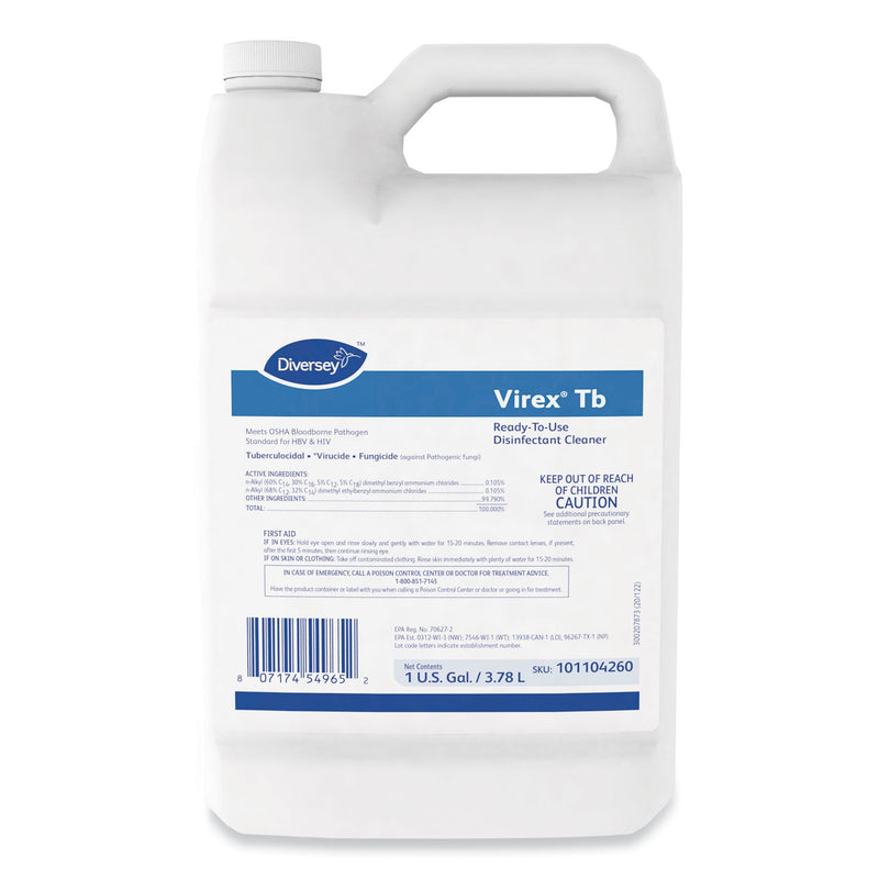 Diversey Virex TB Disinfectant Cleaner, Lemon Scent, Liquid, 1 gal Bottle, 4/Carton