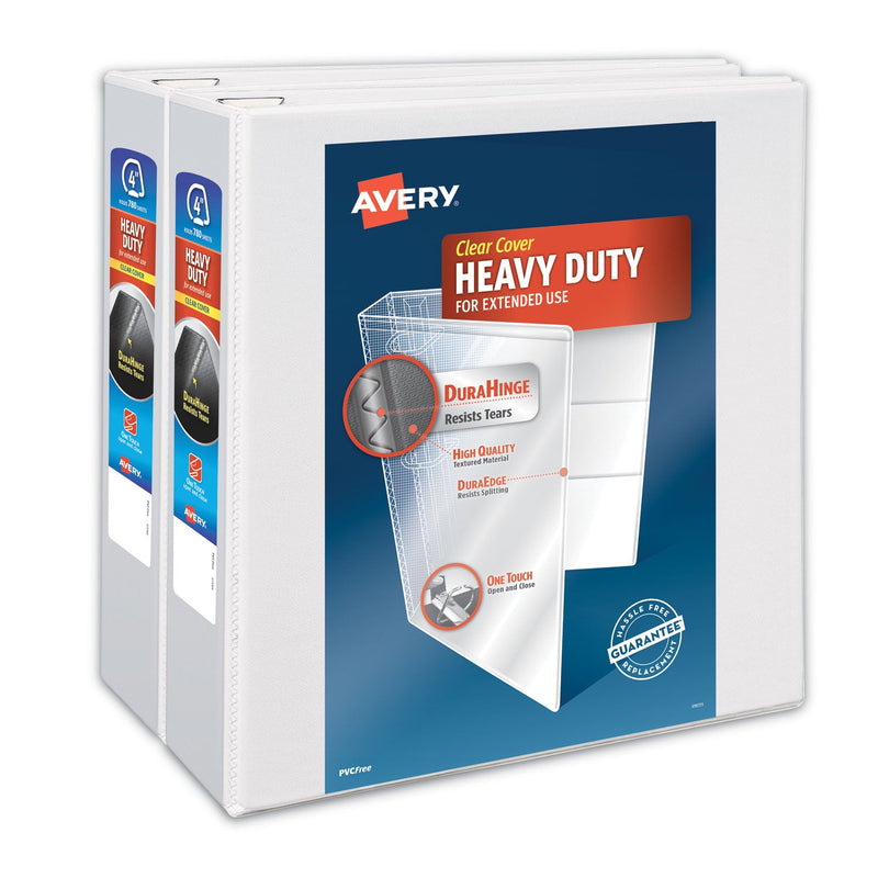 Avery Heavy-Duty Non Stick View Binder with DuraHinge and Slant Rings, 3 Rings, 4" Capacity, 11 x 8.5, White, 2/Pack