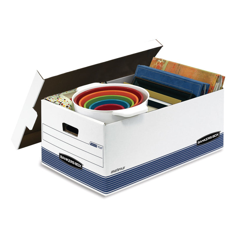 Bankers Box STOR/FILE Medium-Duty Storage Boxes, Legal Files, 15.88" x 25.38" x 10.25", White/Blue, 4/Carton