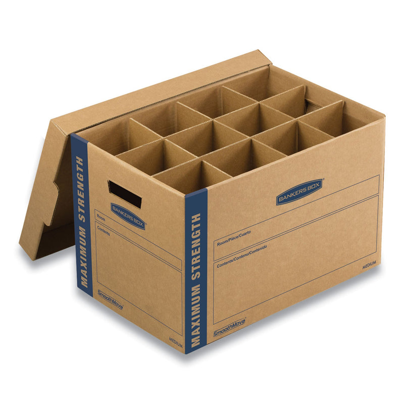 Bankers Box SmoothMove Kitchen Moving Kit with Dividers + Foam, Half Slotted Container (HSC), Medium, 12.25" x 18.5" x 12", Brown/Blue