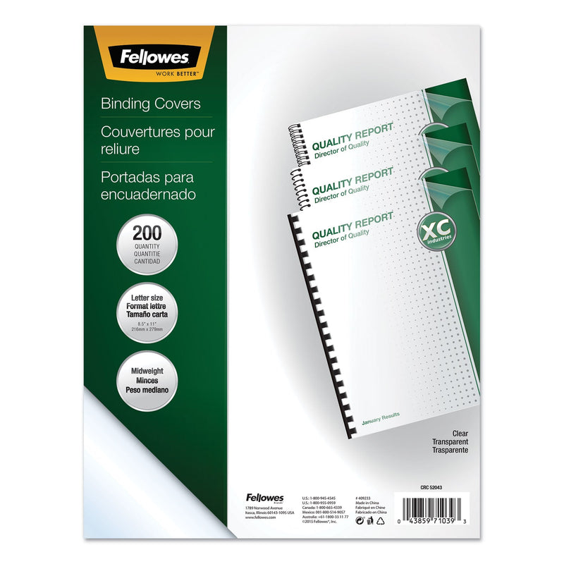 Fellowes Crystals Transparent Presentation Covers for Binding Systems, Clear, with Square Corners 11 x 8.5, Unpunched, 200/Pack