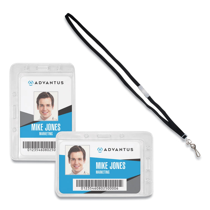 Advantus Antimicrobial ID Security Badge Lanyard Combo, Horizontal, Clear 4.13" x 2.88" Holder, 3.5" x 2.25" Insert, 36" Cord, 20/Pack