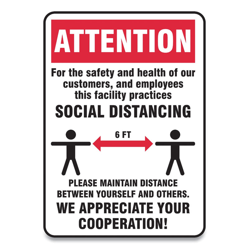 Accuform Social Distance Signs, Wall, 7 x 10, Customers and Employees Distancing, Humans/Arrows, Red/White, 10/Pack