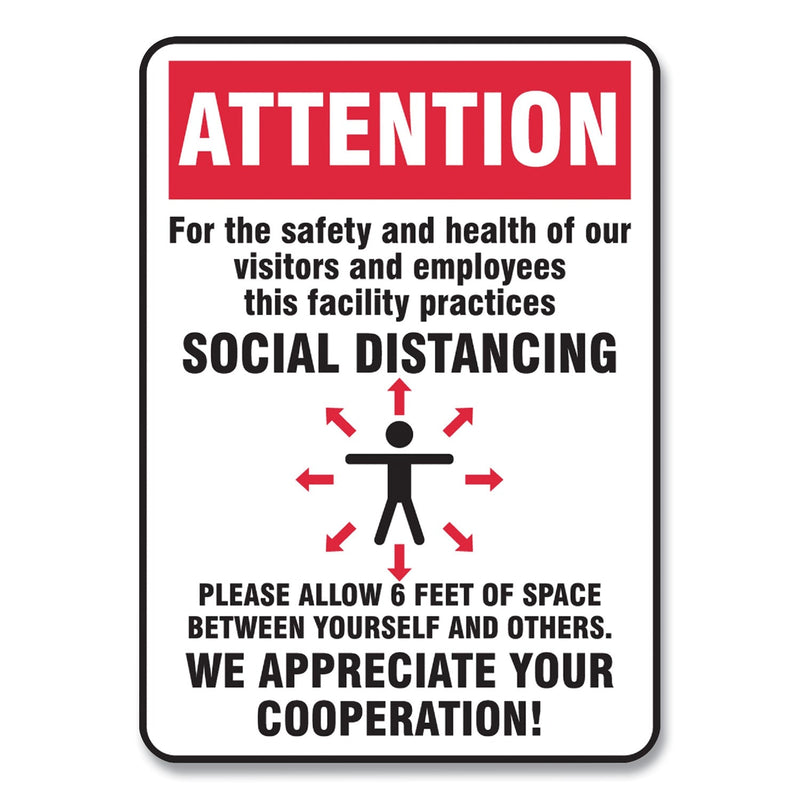 Accuform Social Distance Signs, Wall, 7 x 10, Visitors and Employees Distancing, Humans/Arrows, Red/White, 10/Pack