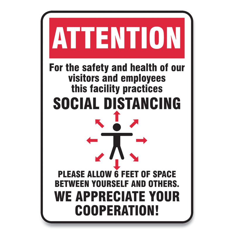 Accuform Social Distance Signs, Wall, 10 x 14, Visitors and Employees Distancing, Humans/Arrows, Red/White, 10/Pack