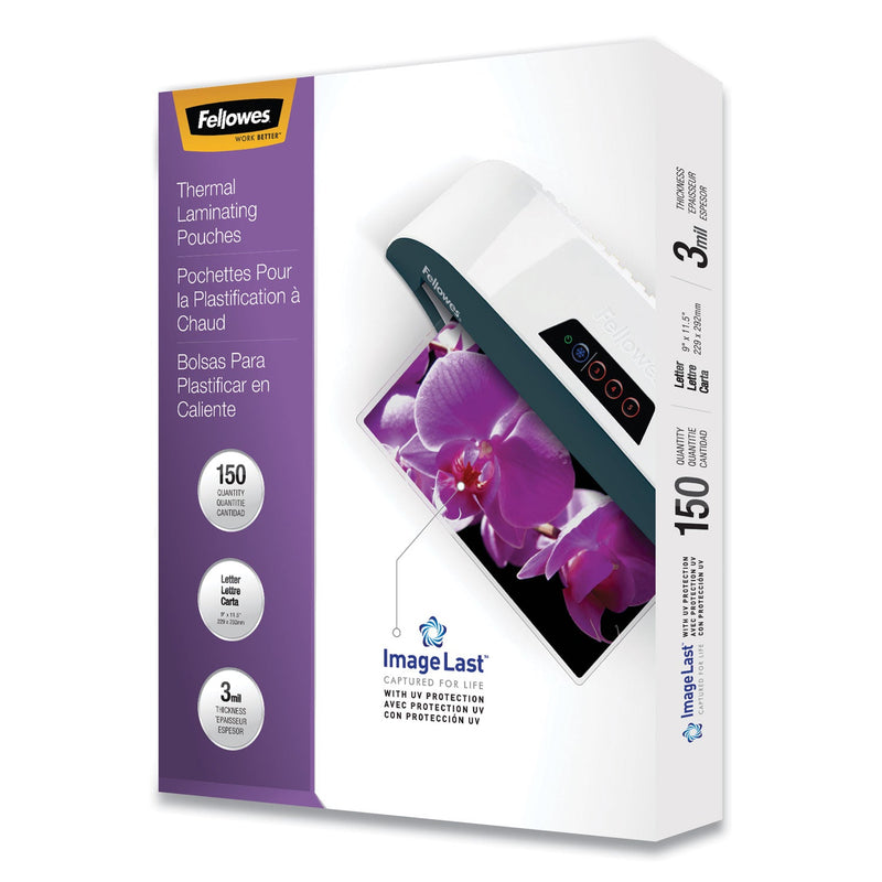 Fellowes ImageLast Laminating Pouches with UV Protection, 3 mil, 9" x 11.5", Clear, 150/Pack
