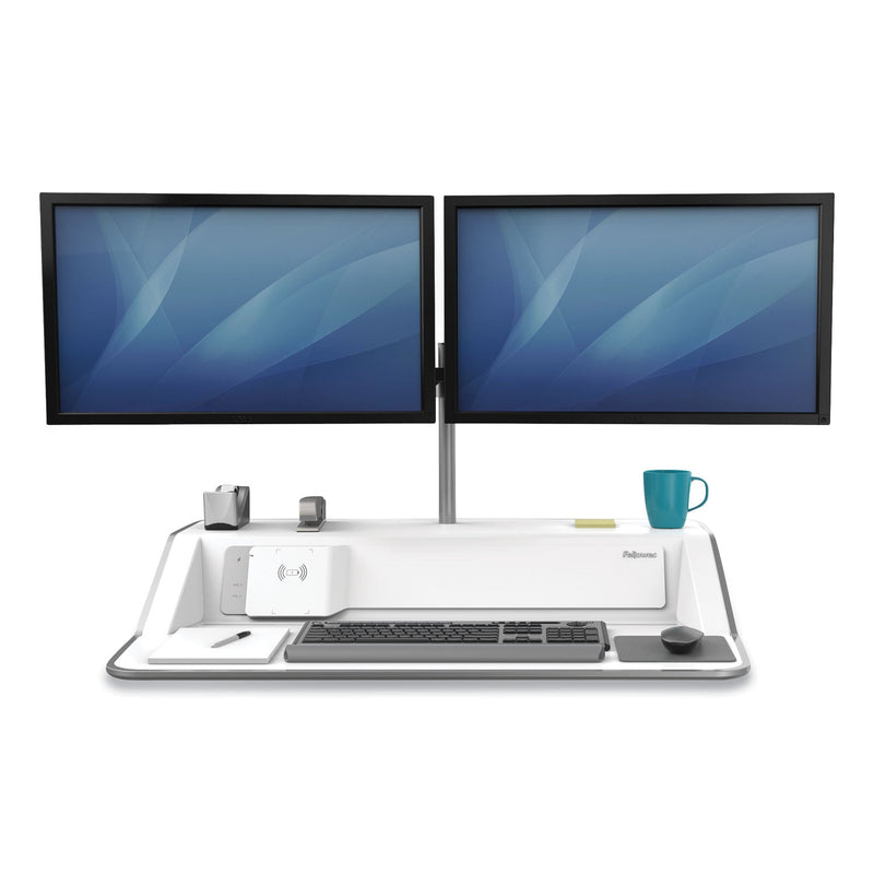 Fellowes Lotus DX Sit-Stand Workstation, 32.75" x 24.25" x 5.5" to 22.5", White