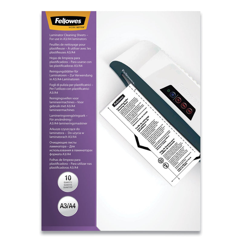 Fellowes Laminator Cleaning Sheets, 3 to 10 mil, 8.5" x 11", White, 10/Pack