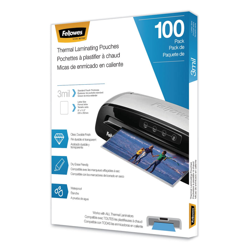 Fellowes Laminating Pouches, 3 mil, 9" x 11.5", Gloss Clear, 100/Pack