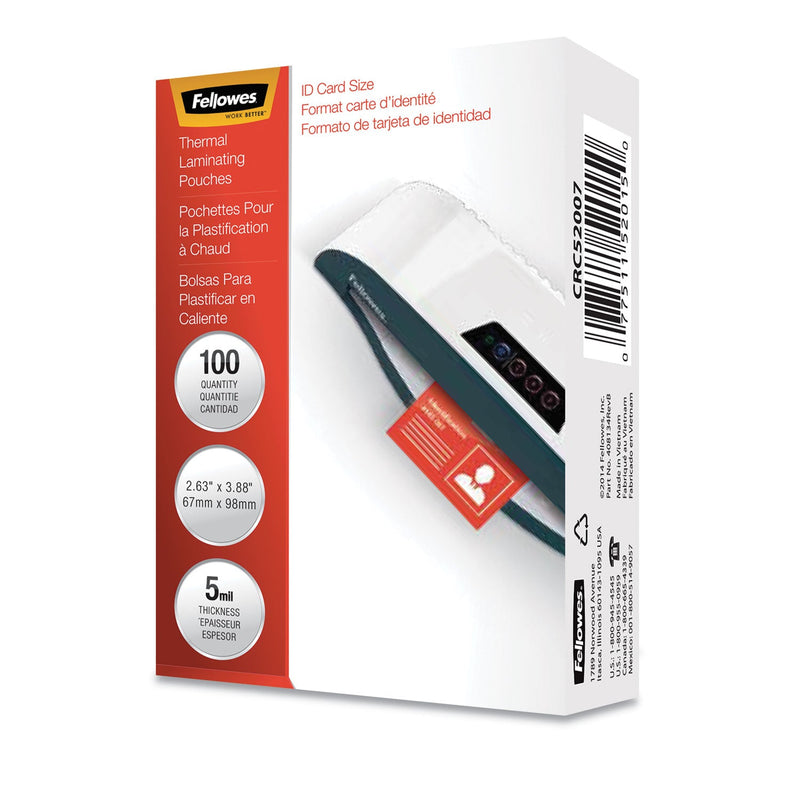 Fellowes Laminating Pouches, 5 mil, 3.88" x 2.63", Gloss Clear, 100/Pack