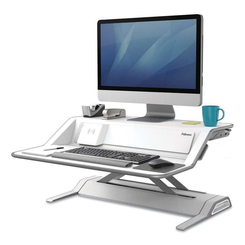 Fellowes Lotus DX Sit-Stand Workstation, 32.75" x 24.25" x 5.5" to 22.5", White