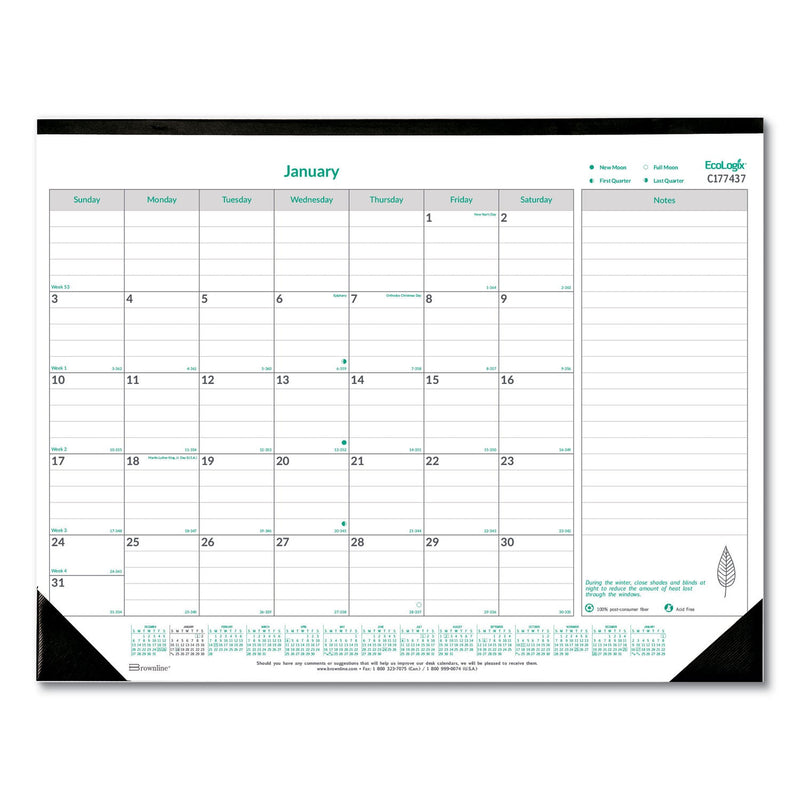 Brownline EcoLogix Monthly Desk Pad Calendar, 22 x 17, White/Green Sheets, Black Binding/Corners, 12-Month (Jan to Dec): 2023