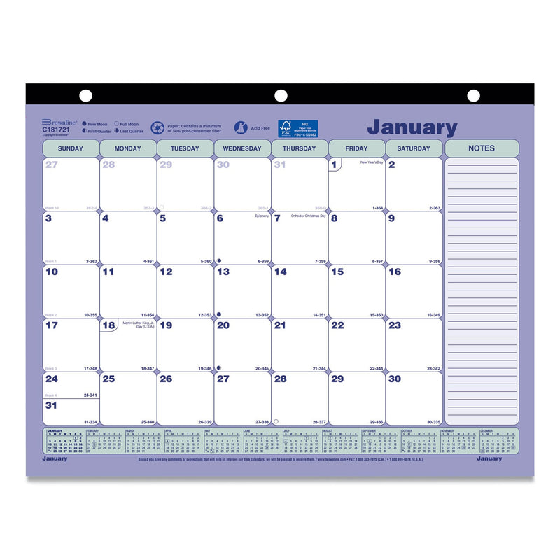 Brownline Monthly Desk Pad Calendar, 11 x 8.5, White/Blue/Green Sheets, Black Binding, 12-Month (Jan to Dec): 2023