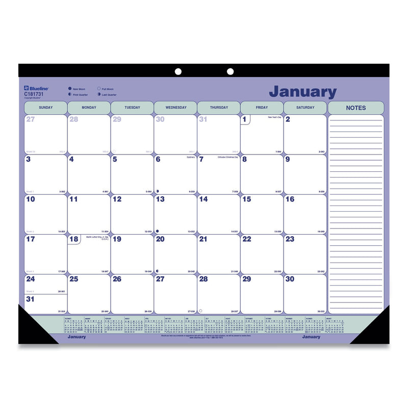 Blueline Monthly Desk Pad Calendar, 21.25 x 16, White/Blue/Green Sheets, Black Binding, Black Corners, 12-Month (Jan to Dec): 2023