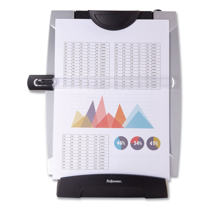 Fellowes Office Suites Desktop Copyholder with Memo Board, 150 Sheet Capacity, Plastic, Black/Silver