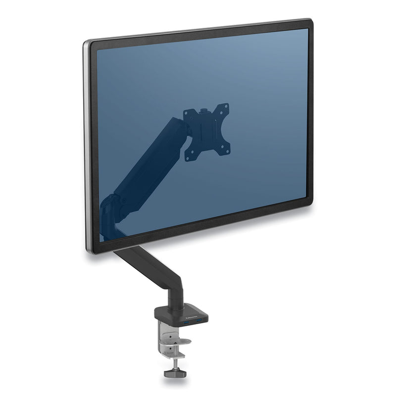 Fellowes Platinum Series Single Monitor Arm, For 30" Monitors, 360 deg Rotation, 180 deg Tilt, 360 deg Pan, Black, Supports 20 lb