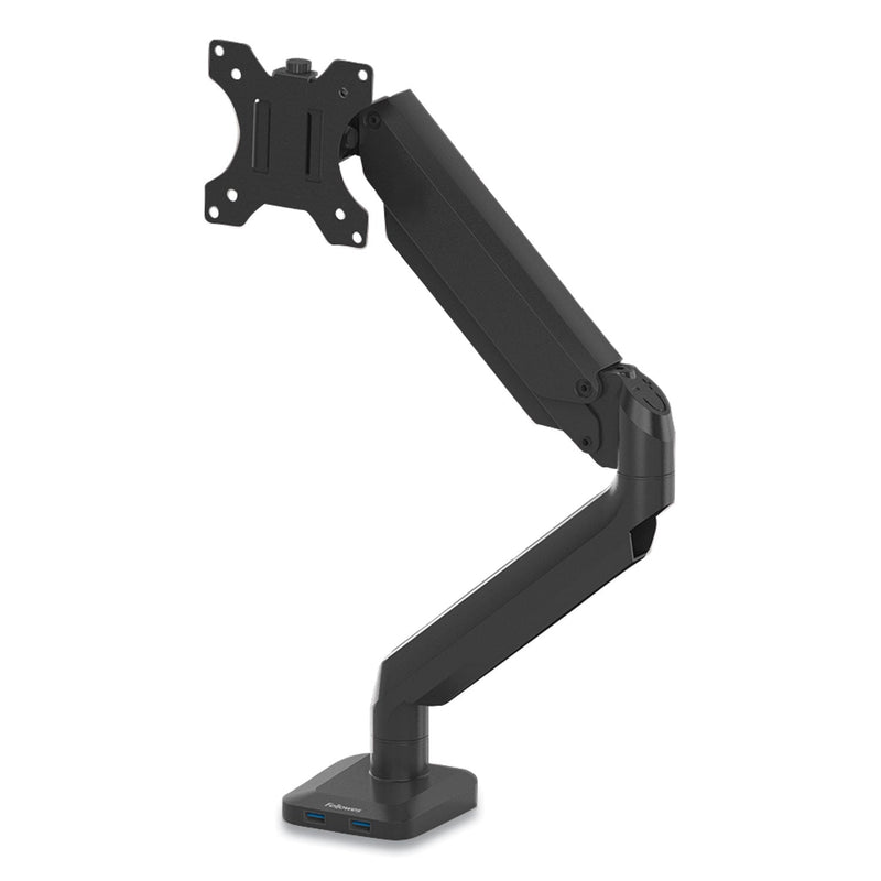 Fellowes Platinum Series Single Monitor Arm, For 30" Monitors, 360 deg Rotation, 180 deg Tilt, 360 deg Pan, Black, Supports 20 lb